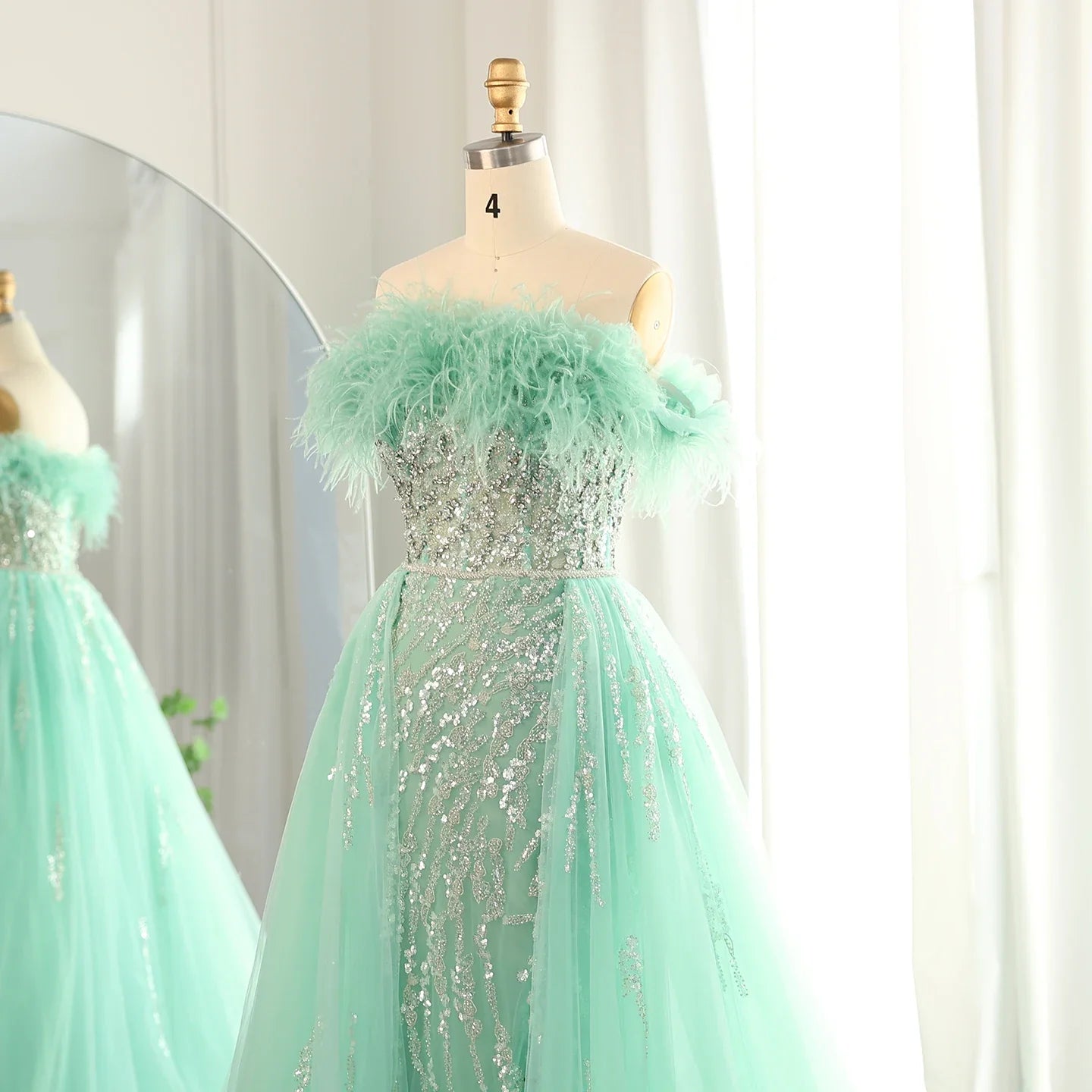 Feathers Off-shoulder Side Slit Overskirt Party Dress
