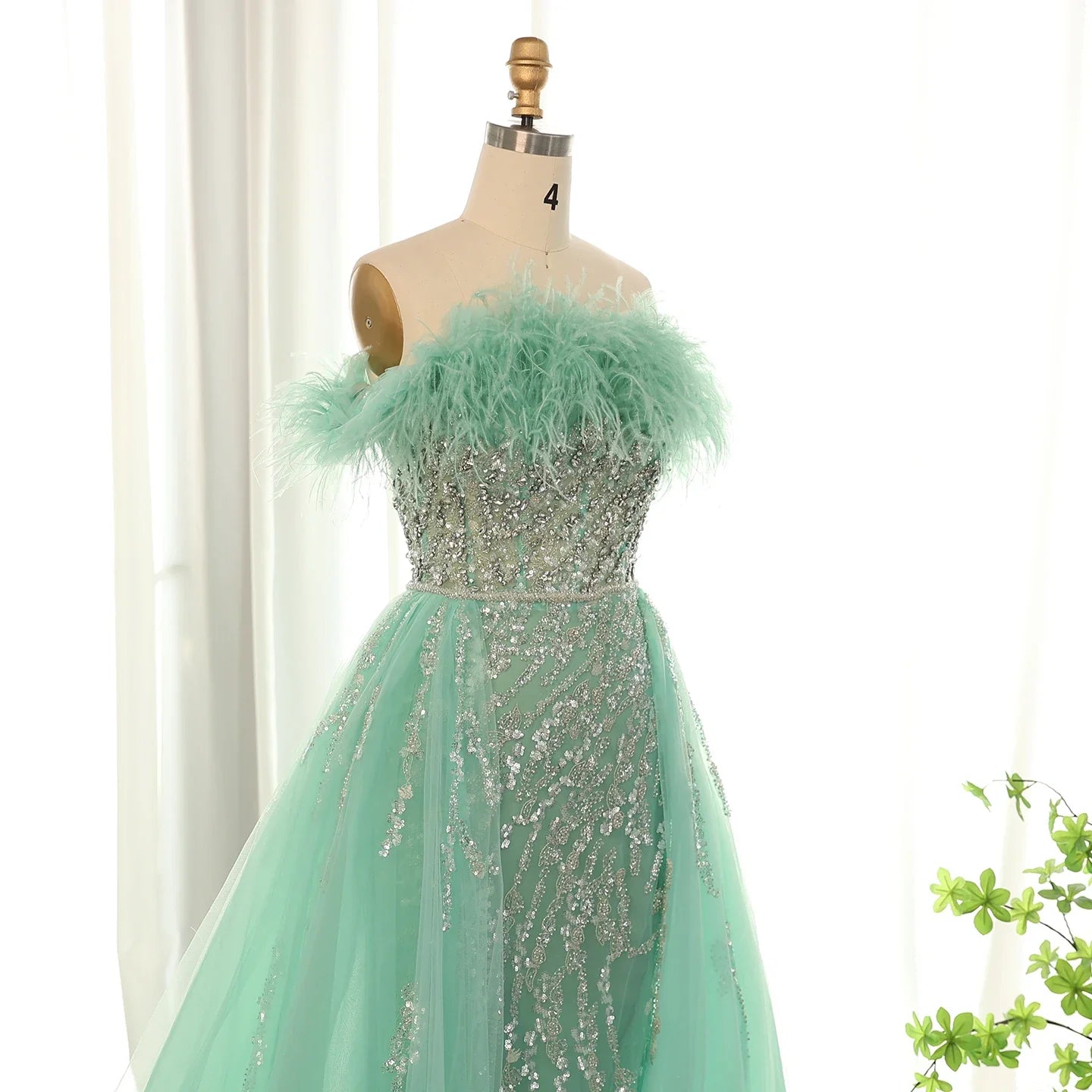 Feathers Off-shoulder Side Slit Overskirt Party Dress
