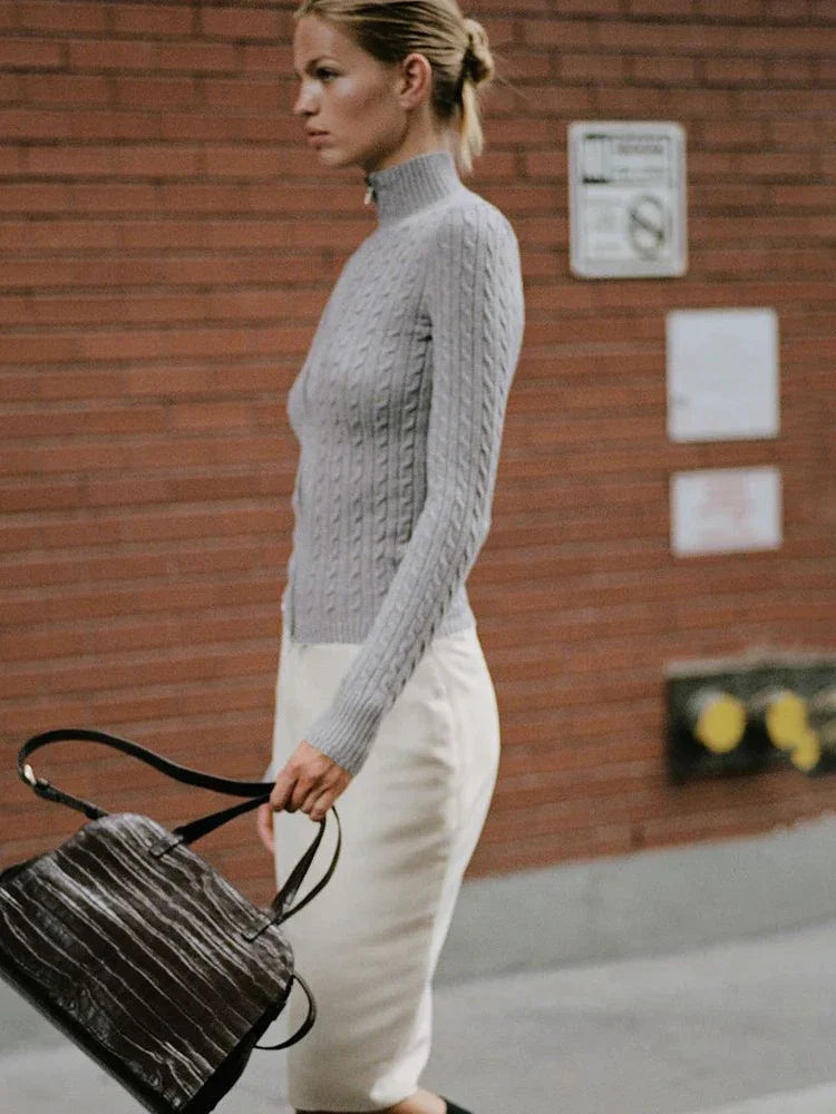 Long Sleeve Knitted Turtleneck Zip Up Sweater