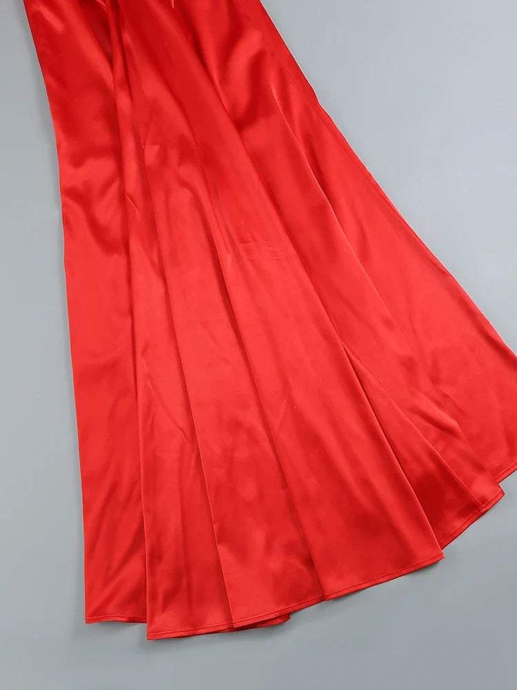 Swinging Collar Backless Pleated Red Stain Maxi Dress