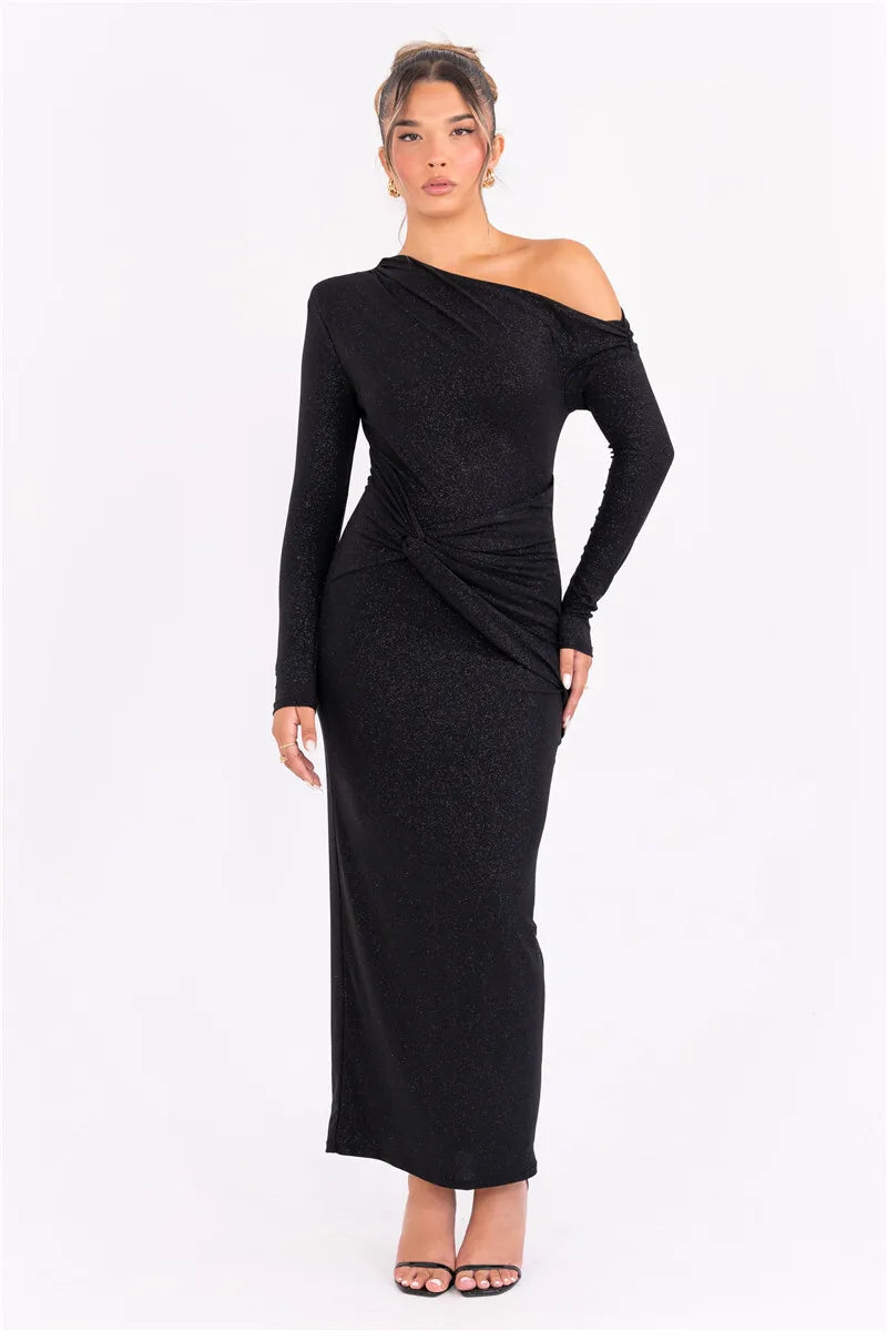 Long Sleeve Inclined Shoulder Maxi Dress