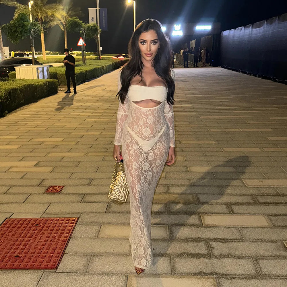 Perspective Lace Hollow Out Bodycon Maxi Dress