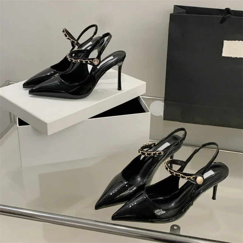 Rivet Pointed Toe Pumps Buckle Strap Thin Heels Shoes