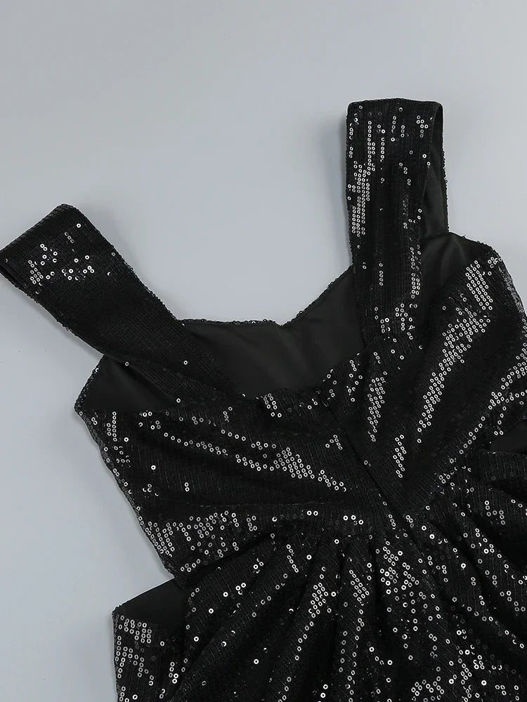 3D Flower Shiny Sequins Folds Long Dress