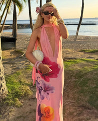 Printed Deep V With Scarf Open Back Dress