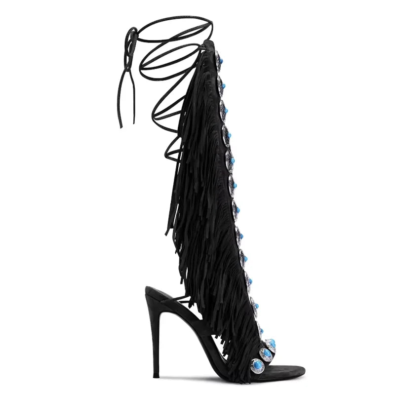 Tassels Lace up Cover Heel Knee high shoes