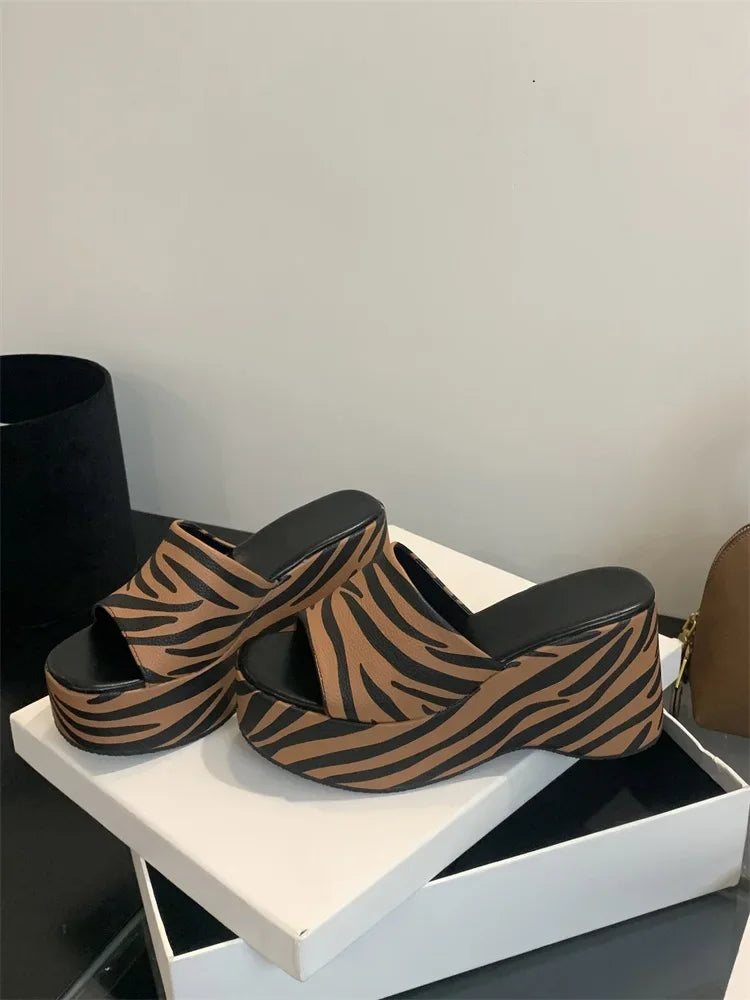 Zebra Stripes Thick Bottom Heels Banquet Slides Shoes