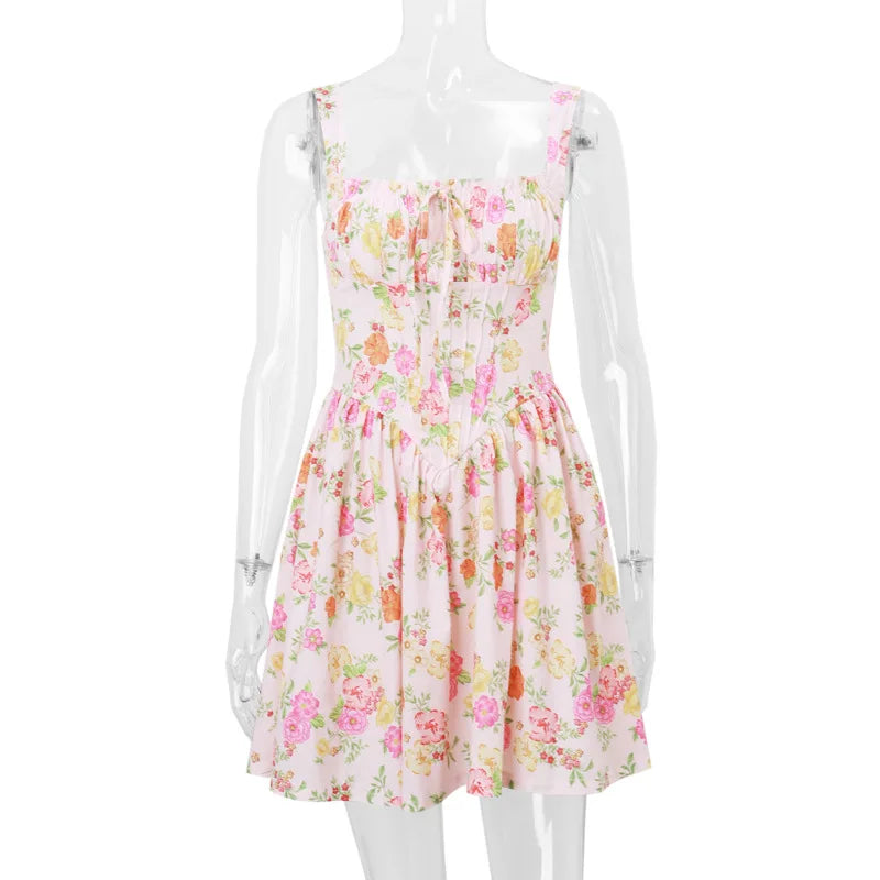 Flower Printed Open Back A-line Corset Mini Dress