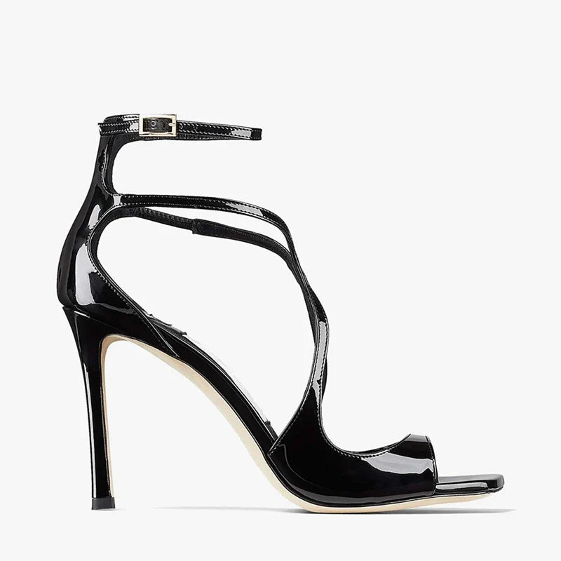Open Toe Cross Button Elastic Belt Thin High Heel Fish Mouth Sandals