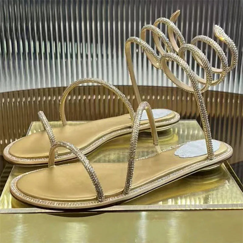Rhinestone Snake Twine Around Ankle Strap Flat Sandals