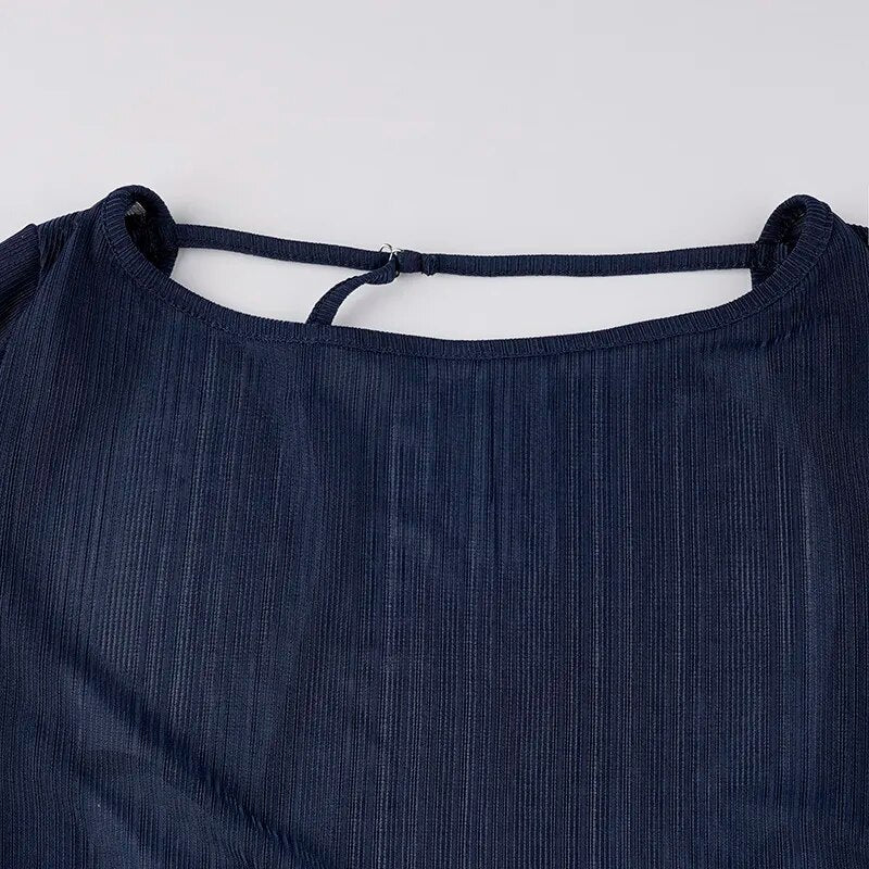 Basic Blue Knit Long Sleeve Backless Top