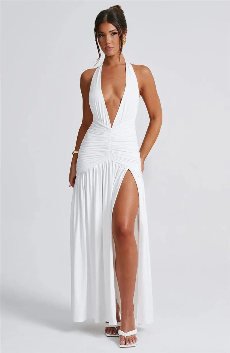 Open Back Solid Thigh High Split Long Dress