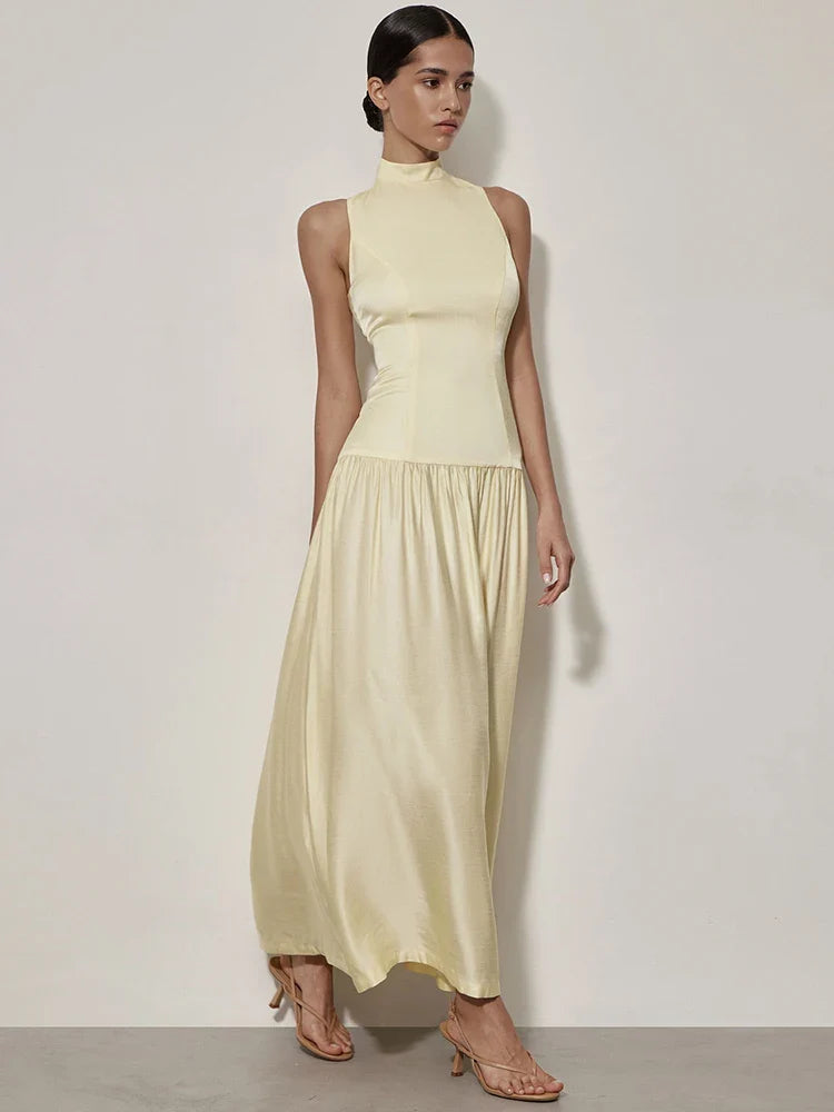 Patchwork Open Back Sleeveless Round Neck Maxi Dress