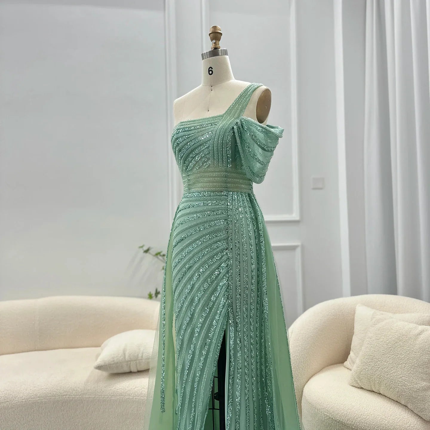 Sage Green One-Shoulder Evening Gown with Overskirt