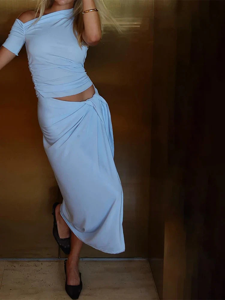 Concise Solid Incline Shoulder Pleated Long Dress