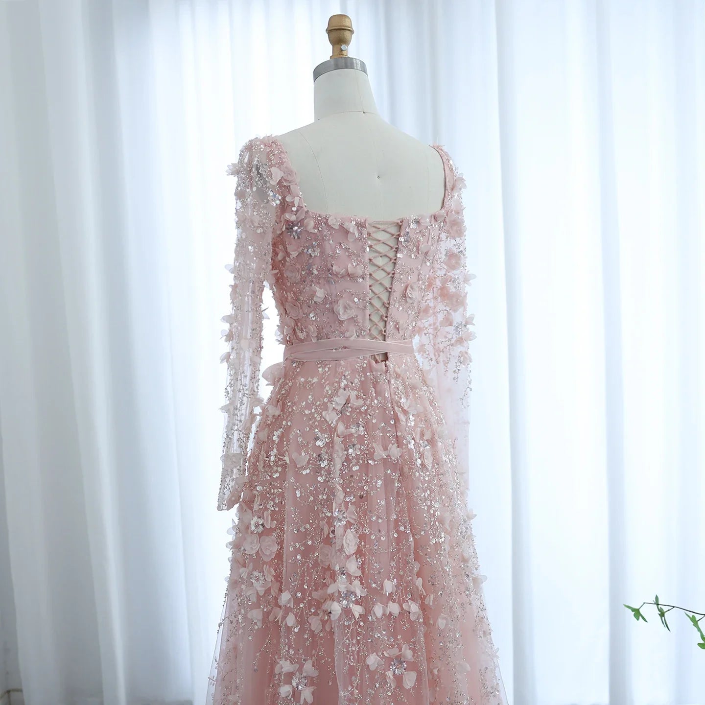 3D Floral A-Line Evening Gown Long Sleeves
