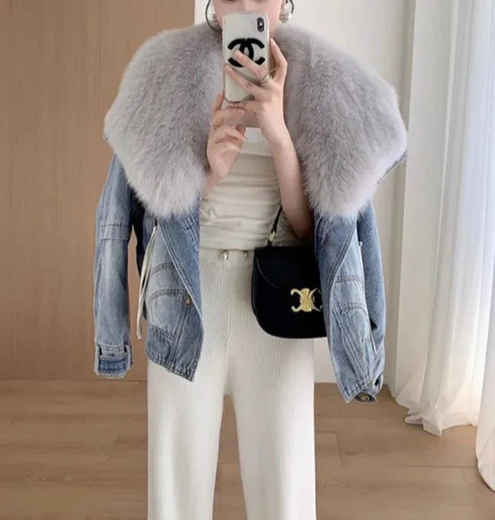 Denim Blue Fur Collar Cotton-Padded Jacket