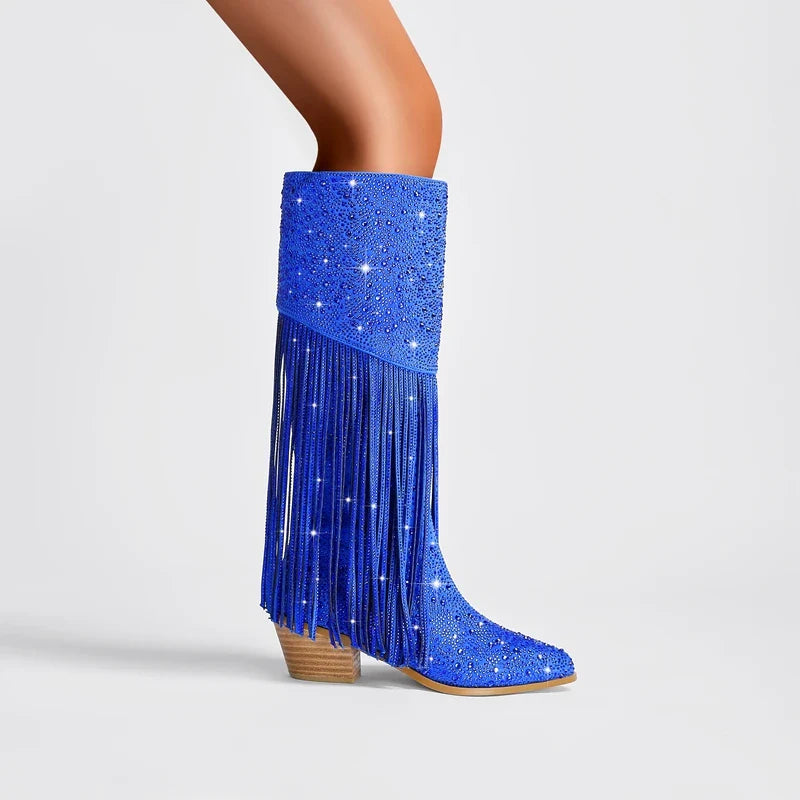 Tassel Rhinestone Round Head Thick Heel High Sleeve Knee Length Boots