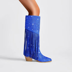 Tassel Rhinestone Round Head Thick Heel High Sleeve Knee Length Boots