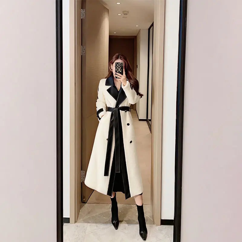 Contrast Color Patchwork Overcoat with Belt