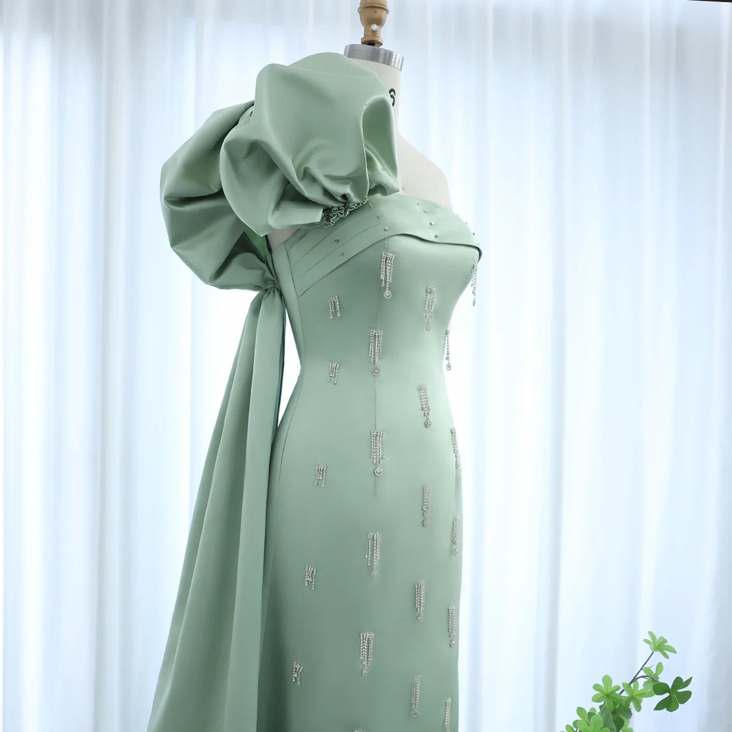 Sage Green One-Shoulder Evening Dress with Cape Crystal Tassel
