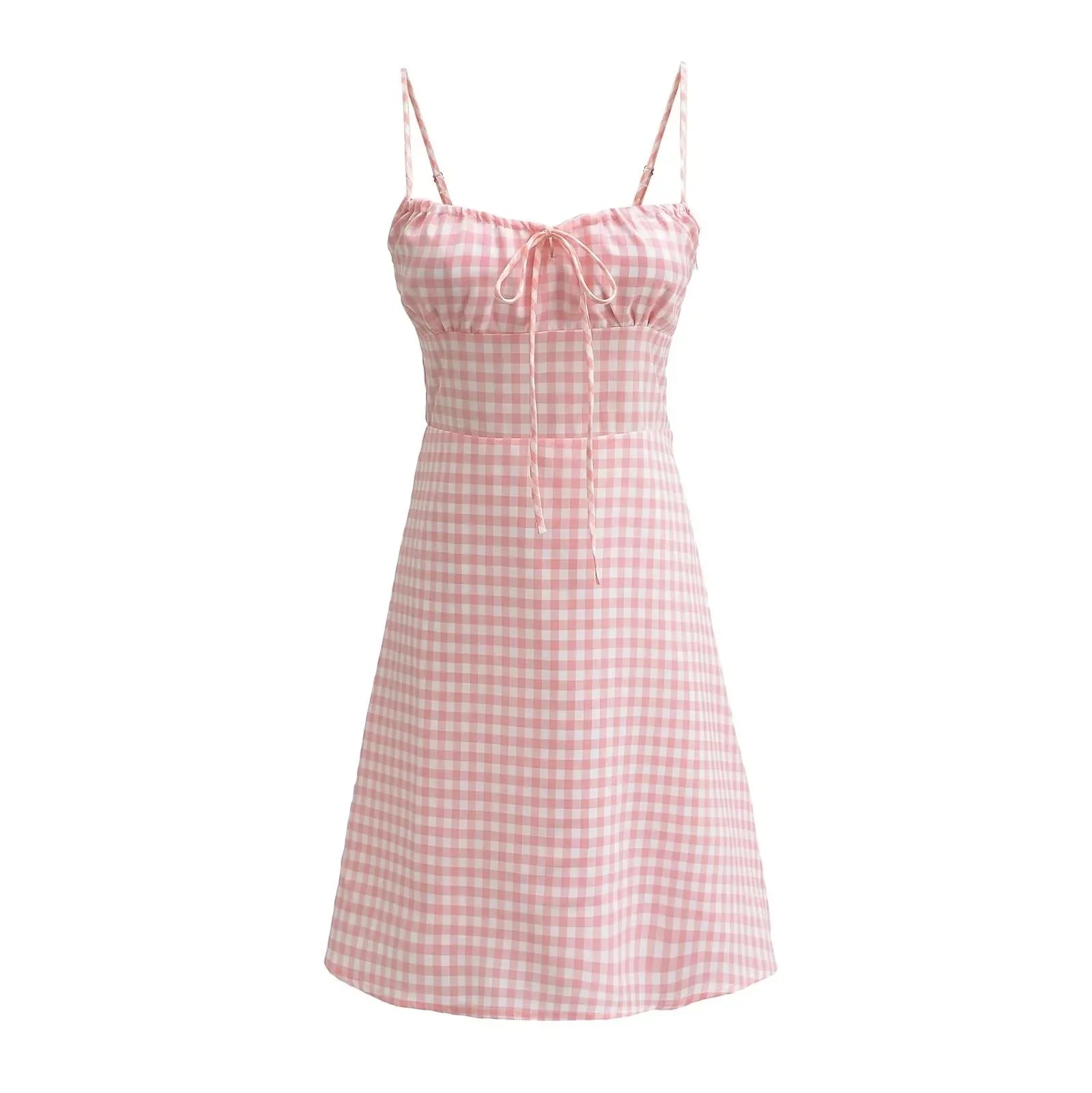 Spaghetti Strap Tie Up Plaid Pink Midi Dress