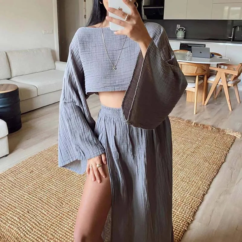 Linen Flare Sleeve Top & Slit Skirt Set