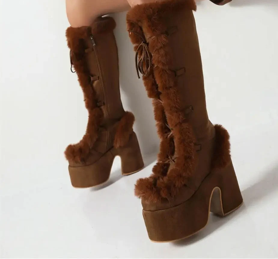 Zip Faux Fur Chunky High Heeled Boots