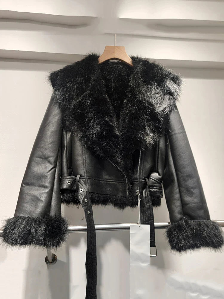 Spliced Leather Faux Fur Long Sleeve Jacket