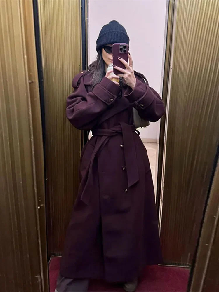 Solid Belt Buttons Turndown Collar Overcoat