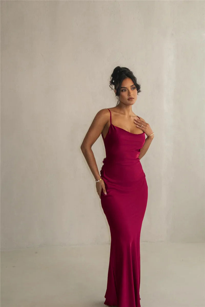 Floral Draped Open Back Spaghetti Strap Maxi Dress