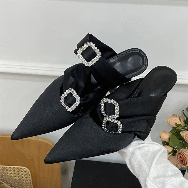 Satin Narrow Band Buckle Women's Slippers Pumps