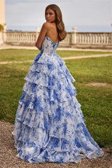 Floral Print Tiered Ruffle Prom Dress Side High Split