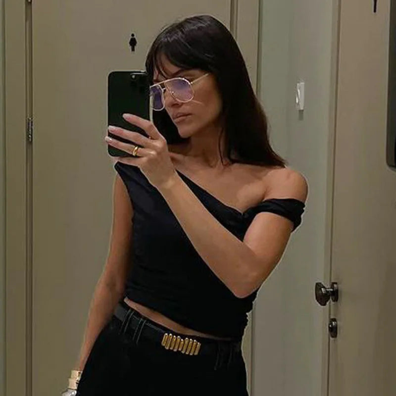 Diagonal Collar One Shoulder Asymmetrical Crop Tops