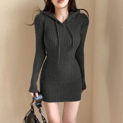 Basic Hooded Slim Knitted Long Sleeves Dress