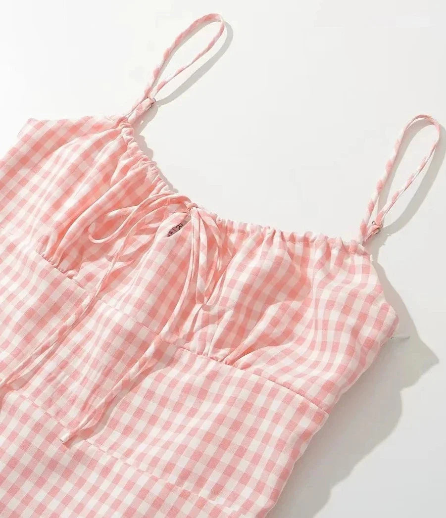 Spaghetti Strap Tie Up Plaid Pink Midi Dress