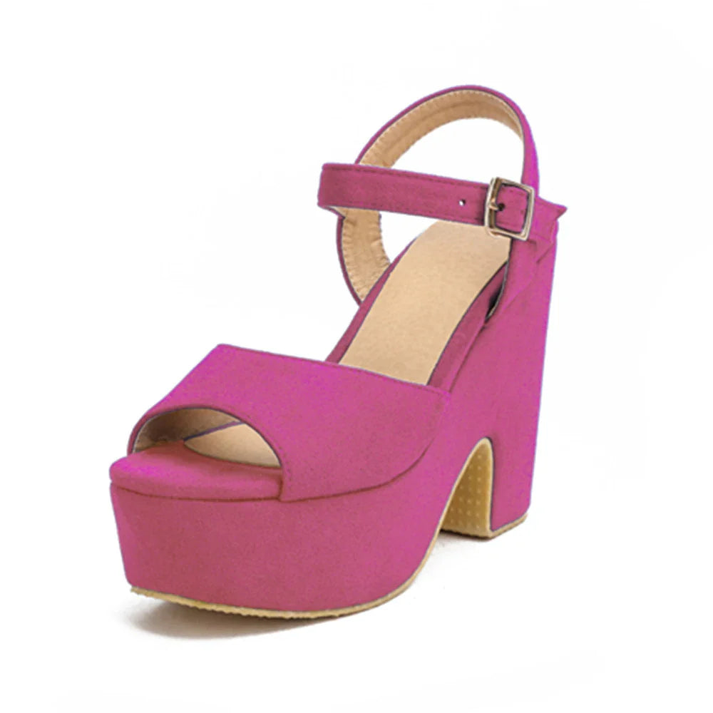 Ankle Strap Buckle Ladies Flock Wedge Shoes