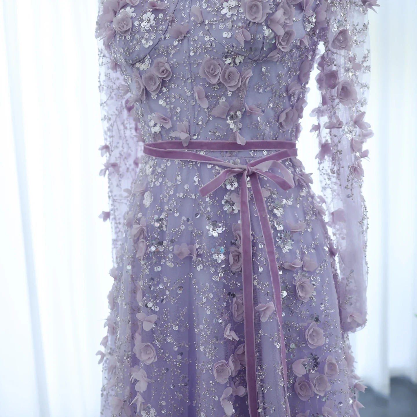3D Floral A-Line Evening Gown Long Sleeves