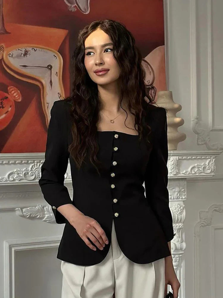 Square Collar Black Long Sleeve Jacket