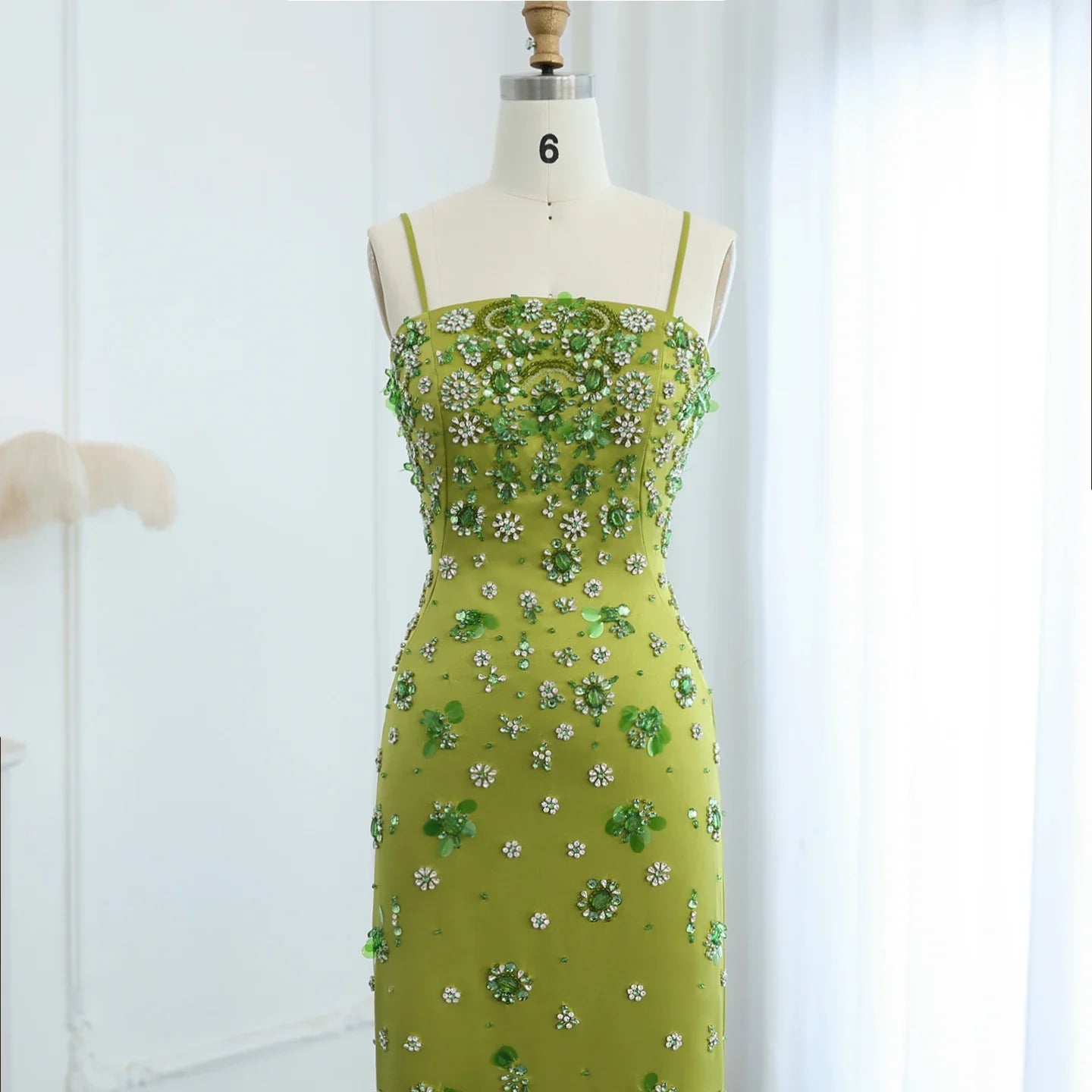 Floral Beaded Midi Dress Spaghetti Straps