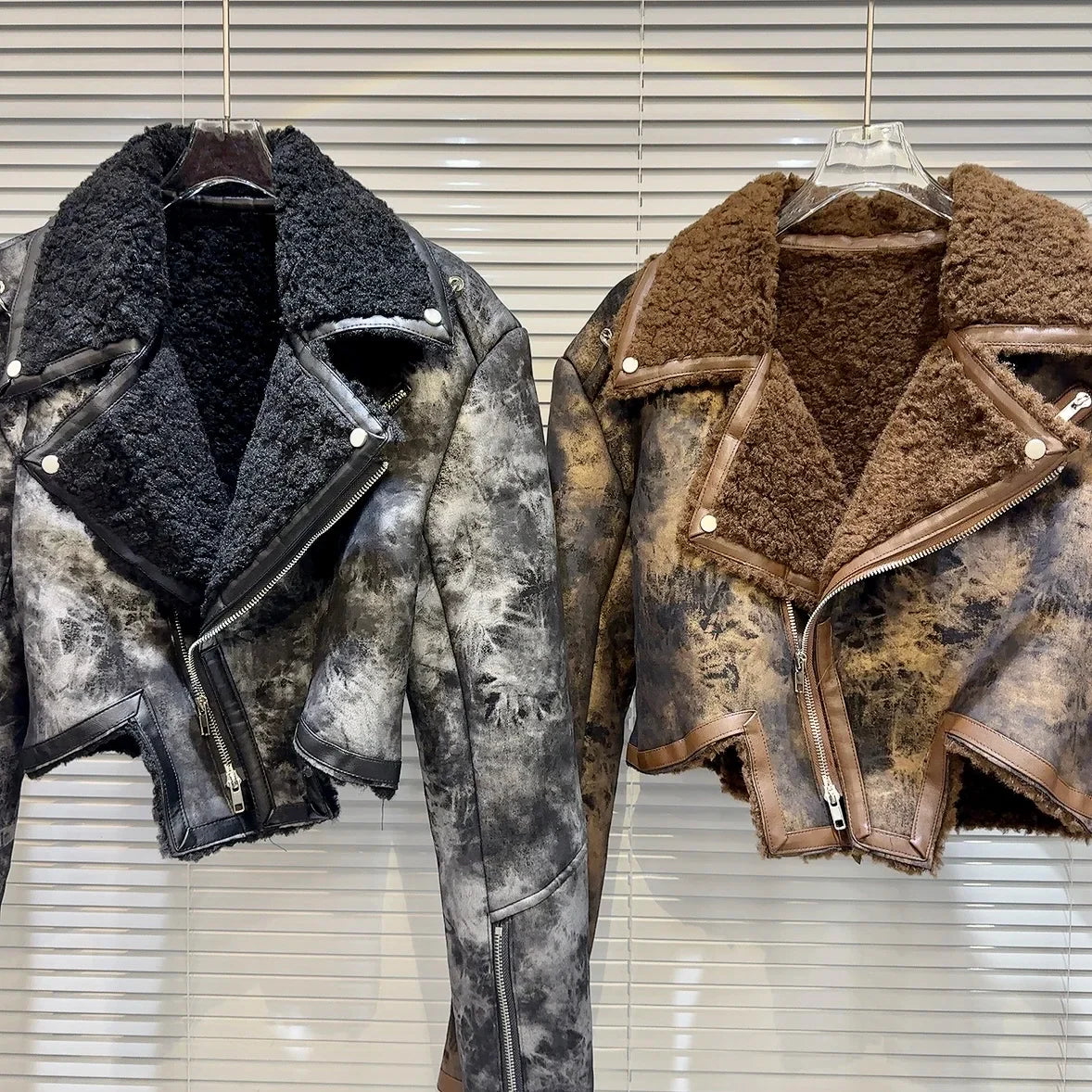 Tie Dye Fur Turn down Collar PU Leather Coat