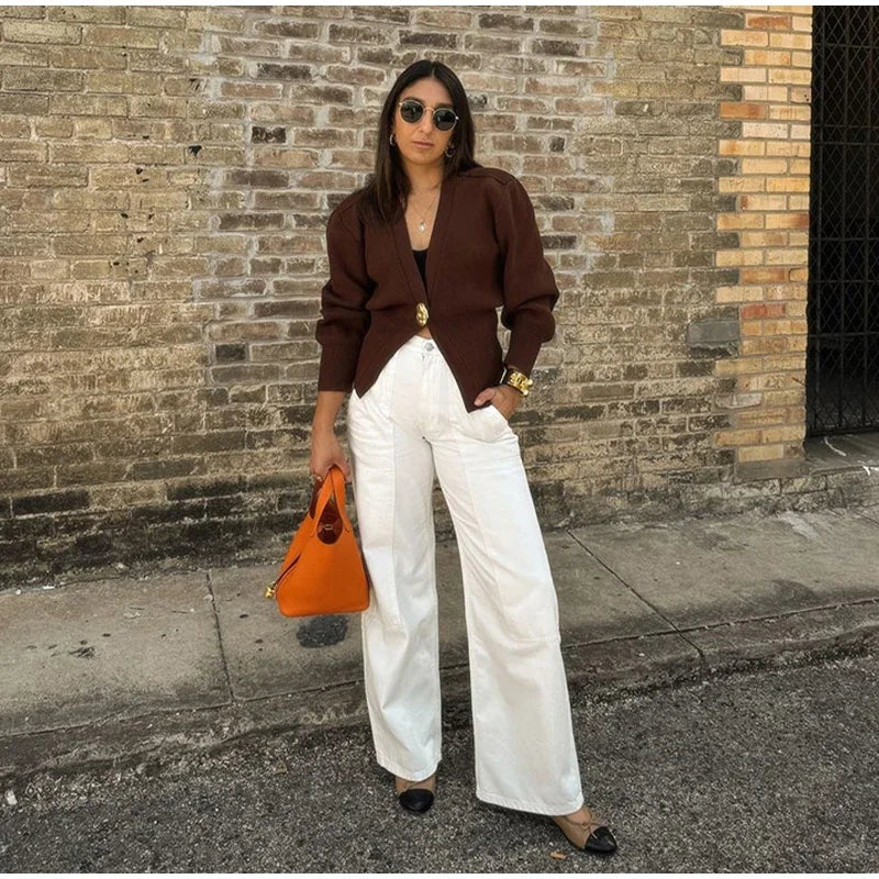 Knitted Single Button Long Lantern Sleeve Sweater