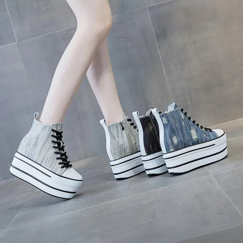 Denim and Leather Platform Wedge Heels Ankle Boots