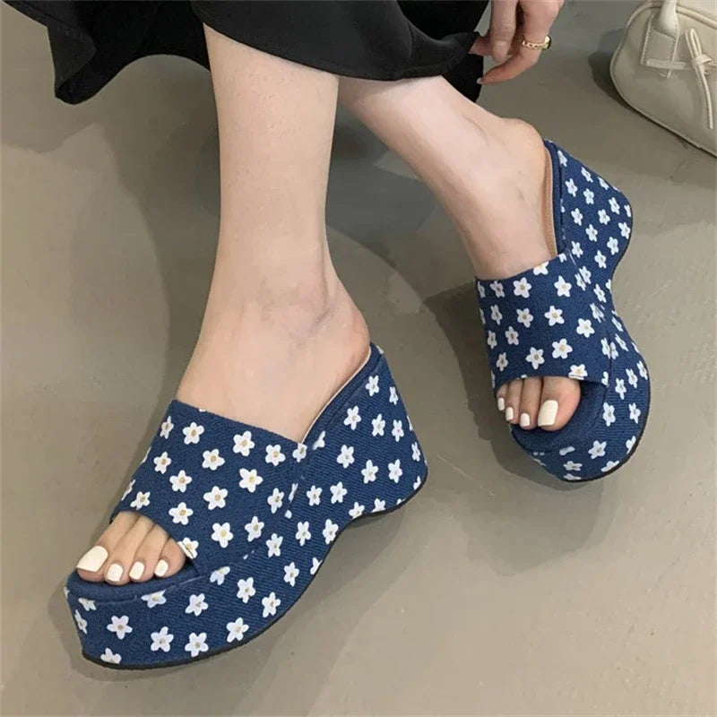 Flower Platform Wedges Open Toe Ladies Shoes
