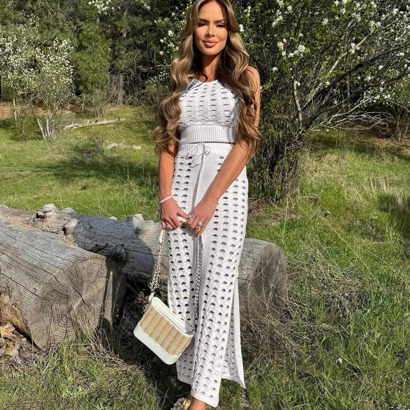 Hollow Out Knitted Top Lace Up Split Long Skirt Suit