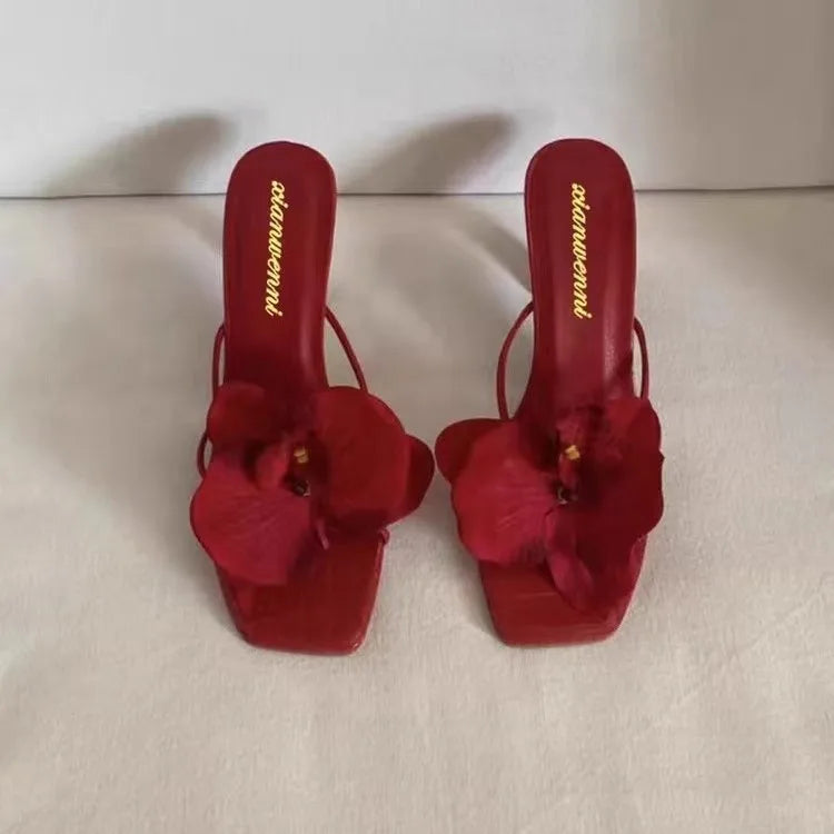 3D Flower High Heels Square Toe Shoes