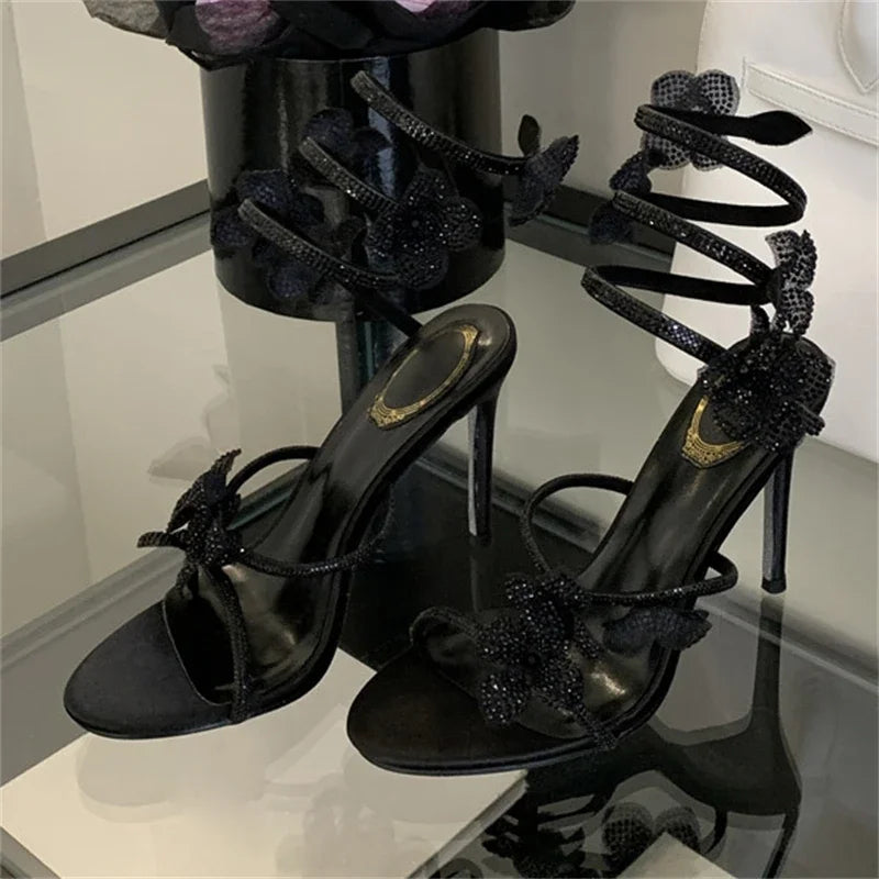 Crystal Narrow Band Thin High Heels Sandals