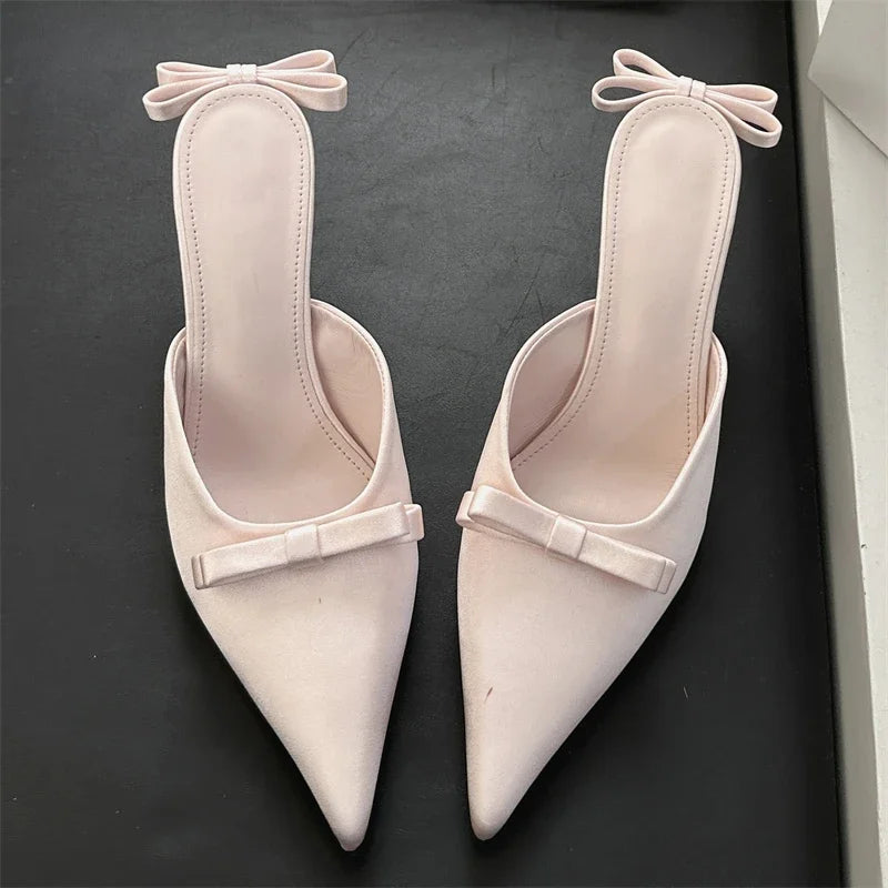 Silk Butterfly-Knot Thin High Heels Mules Shoes