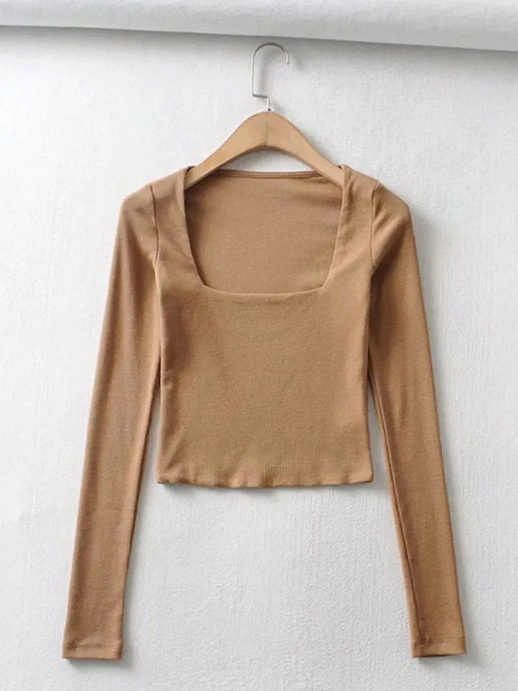 Women Long Sleeves Cotton Ribbed Square Neck Crop Top