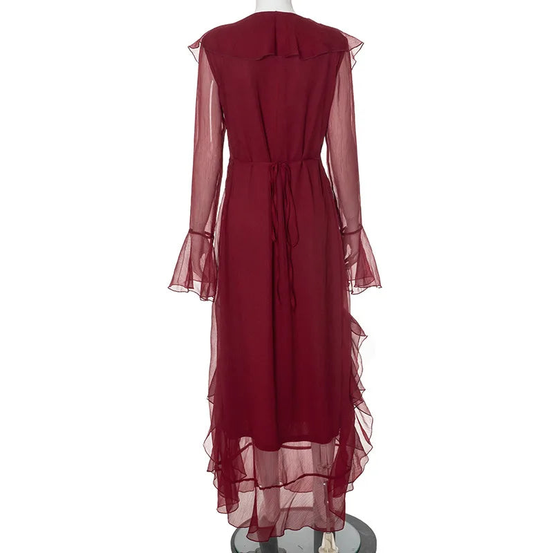 Ruffles Red Flare Sleeve Maxi Dress